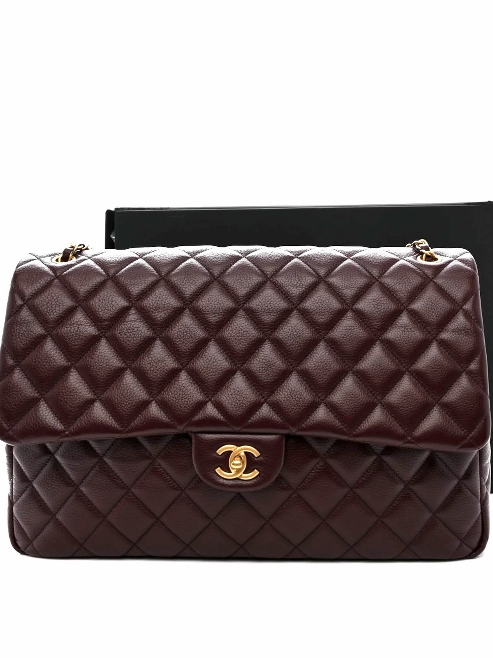 CHANEL Grained Calfskin Quilted XXL Travel Flap Bag in Burgundy Gold Hardware